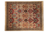 Vintage Tea Washed Agra carpet with allover floral design in antique ivory, red, and blue, 8x9'9