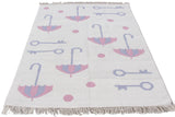 Angled pictorial Indian Kilim rug with ivory, pale blue, dusty raspberry umbrellas, keys, and dots.
