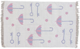 Hand woven vintage Indian Kilim rug with playful pink and blue umbrella and key motifs.