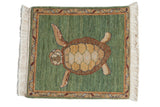 Vintage Armenian pictorial square rug: ocean green field, large sea turtle, meandering vine border. 1'10