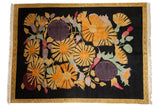 Vintage Indian Art Deco carpet featuring gold, mauve, raspberry floral bouquet on black, 8'9