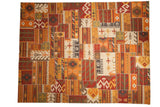 New Patchwork Kilim carpet with geometric tribal patterns, warm palette, and visible cross-hatch stitching.