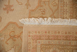 Handwoven back of vintage Indian Soumac carpet showing original selvage and beige fringe.