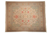 Vintage Indian Soumac carpet, allover vinery and palmettes in soft ivory, terra cotta, seafoam, 9x11.