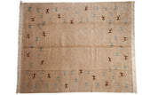 Indian Folk Art carpet with stylized animals in bronze and dusty blue on a textured beige field.