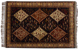 Alternating ivory and chestnut stepped medallions filled with stylized birds on a deep navy blue field.