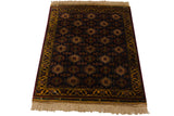 Lustrous navy blue field with geometric finned guls and gold vine border.