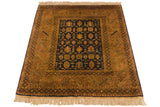 Lustrous vintage Indian Caucasian square rug, navy Chi-Chi floral design, gold main border, 3'2