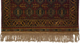 Starburst floral main border in wine red and gold with intact natural fringe.
