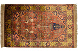Vintage Indian rug in Bakhtiari style with a tree-of-life and perched birds on a red field with a gold border.