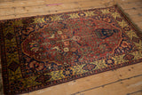Angled perspective of the vintage Bakhtiari rug showing perched birds in its tree-of-life design.