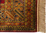 Saffron yellow and copper geometric floral border, delicate vinery, and natural fringe.