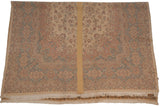 Corner of vintage Persian Kerman carpet, intricate millefleur floral main border in ivory, sky blue, peach.