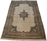 Vintage Kerman Carpet corner: ivory field, sky blue Rococo patterns, and floral cross-section border.