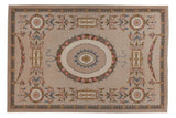 Vintage Spanish Savonnerie carpet with an oblong floral medallion, scrolling leaves in beige, pink, and powder blue.