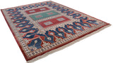 Indigo blue field, cherry red panels, pale mallard green square with crab motif and pawn border.