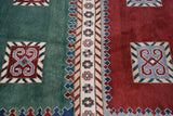 Main border with floral motifs and pawn design, alongside green and cherry red fields.