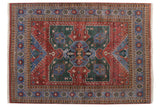 Vintage Indian Northwest Persian carpet: oversized geometric medallion, brick red, slate blue, mallard green.