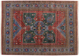 Vintage Indian Northwest Persian rug corner, fringed edge, brick red, blue, and green geometric motifs.