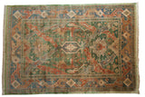 Vintage Indian Caucasian design carpet with dragon-style floral arabesques in green, blue, orange, 9'9