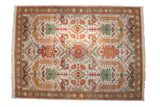 Vintage Indian Caucasian design carpet, allover palmette and lotus pattern; ivory, rust, gold, seafoam, 10x14.