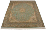 Angled view of a Bulgarian carpet's Rococo border with dragon and paneled vase motifs.