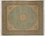 The symmetrical design of a vintage Bulgarian square carpet in mint green, blush, and ivory.
