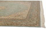 Intact mint green side cord and clean ivory fringe on a vintage Bulgarian Kerman design carpet.