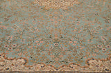Sprawling mille fleur vinery on a mint green field beside the Rococo-style ivory border.