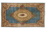 Fine vintage Kerman carpet, sky blue field, ornate European rose medallion, 11'9