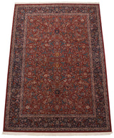 Intricate cherry red field with sprawling turquoise teal vinery and delicate floral arabesques.