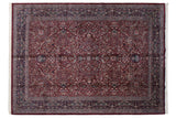 Vintage Indian Kashan design carpet with a burgundy field of floral arabesques and a navy blue border.