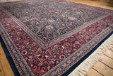 Vintage Indian Kashan rug corner, off-white fringe, navy selvage, burgundy floral border.
