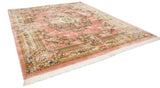 Vintage Chinese Aubusson design carpet corner, with detailed rose and blossom border.