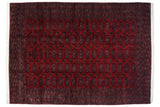 Fine vintage Pakistani Turkmen carpet with repeating geometric guls in cherry red, navy, and silver tones.