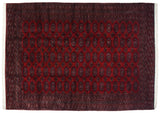 Deep cherry red field with Turkmen design guls in navy blue and silver platinum tones.