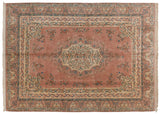 Dusty rose vintage Indian Kerman carpet, ivory floral medallion, Safavid dragon borders.