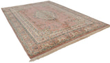 Dusty rose vintage Kerman carpet border with Safavid dragon motif and ivory fringe.