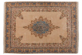 Vintage Indian Kerman carpet with ivory field, scalloped sky blue medallion, and floral Safavid border.