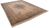 Corner of the vintage Indian Kerman rug with sky blue Safavid dragon main border and fringe.
