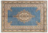 Vintage Indian Kerman design carpet, sky blue field, ivory floral medallion with colorful vinery.