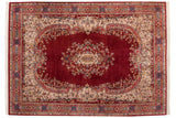 Vintage Indian Sarouk carpet featuring cherry red, ivory, and powder blue floral vinery.