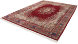 Corner of vintage Indian Sarouk carpet with cherry red field, elaborate ivory floral border.