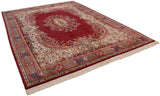 Elaborate cherry red border, ivory fringe, and floral vinery of a vintage Indian Sarouk carpet.