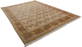Angled view of the vintage Spanish carpet highlighting its full pile and pictorial lion motif.