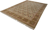 Perspective view of the hand-knotted Spanish carpet's pictorial trellis design and animal border.