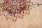 Vintage Indian Kerman design carpet's raspberry red floral field and ivory Rococo vine.