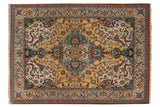 Vintage Indian Polonaise carpet with an ornate medallion on a gold field, featuring floral cloud-band motifs in blue and rust.