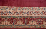 Vintage Indian Kerman carpet border: Rococo vines, floral sprays in raspberry, ivory, blue, mint green.