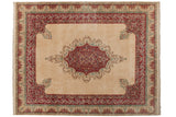 Vintage Indian Kerman design carpet, ivory field, raspberry red medallion, Safavid dragon border, 11'10